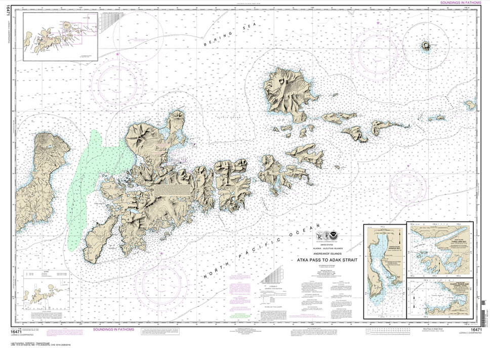 Atka Pass to Adak Strait;Three Arm Bay: Adak Island;Kanaga Bay: Kanaga Island;Chapel Roads and Chapel Cove: Adak Island